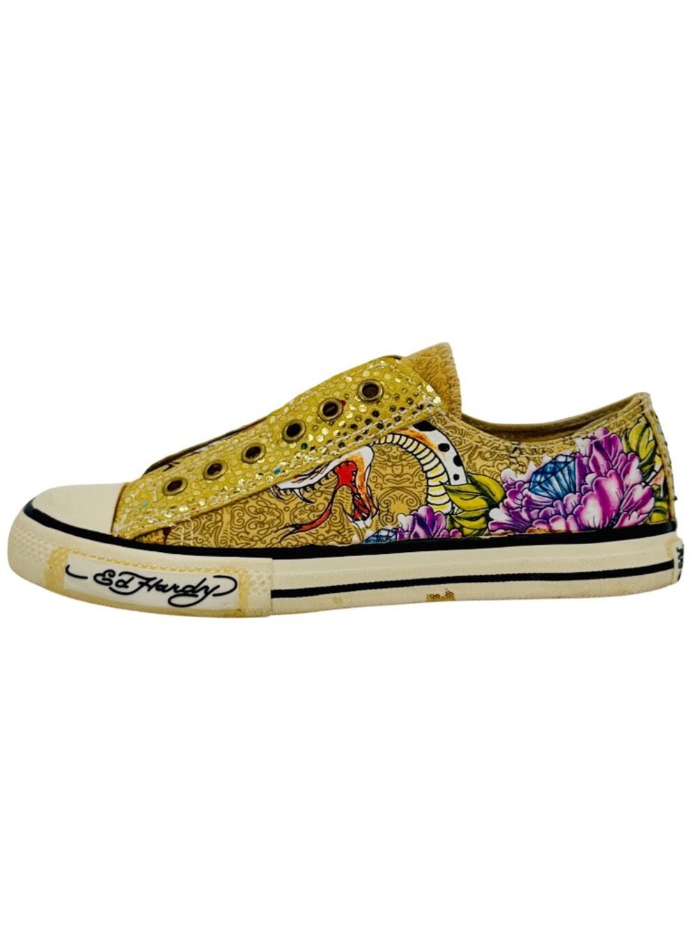 Vtg Y2K Ed Hardy Yellow Canvas Sneakers| McBling Grunge Sleaze Baddie Streetwear - Picture 10 of 16